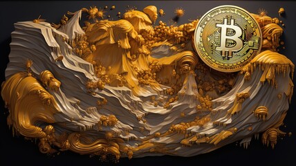 an imposing Bitcoin coin dominates a surreal landscape with a volcanic eruption and dramatic sky, evoking the disruptive nature of cryptocurrency