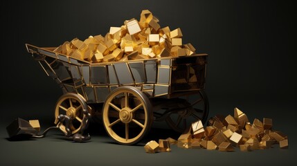 3D illustration of an overflowing mining cart with shiny gold bars, depicting wealth and financial abundance. isolated black background