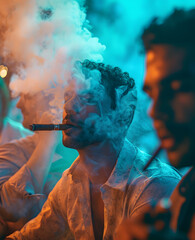 well dressed man smoking cigar in a nightclub covered in smoke