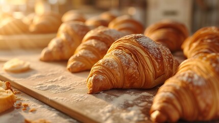 Freshly baked croissants are in tray after leaving the oven for customers - obrazy, fototapety, plakaty