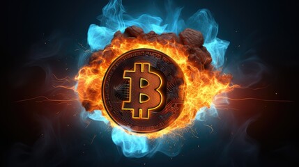 a vivid representation of a Bitcoin coin caught between fiery orange flames and cool blue ice, symbolizing the volatile nature of digital currency - obrazy, fototapety, plakaty