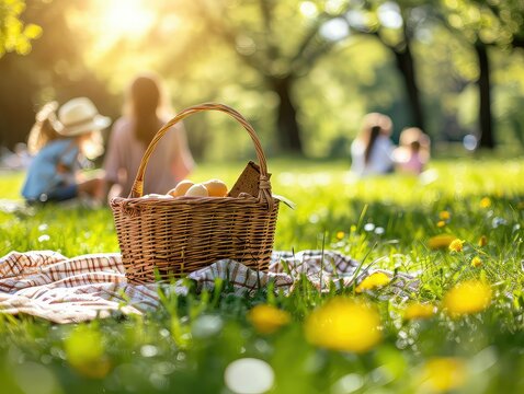 A photo of a family enjoying a picnic in a lush green park on a sunny summer day, with a basket of food and children playing in a candid