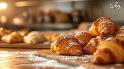 Baker meticulously crafts croissants, skillfully sprinkling sugar glaze on each one, creating a delectable treat straight from the oven - obrazy, fototapety, plakaty