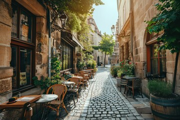A photo of a historic city with narrow cobbled streets, outdoor cafes, and historical architecture bathed in warm summer light in a romantic