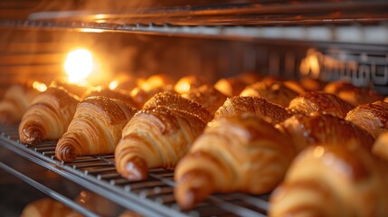Freshly baked croissants are in tray after leaving the oven for customers - obrazy, fototapety, plakaty
