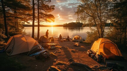 A photo of a serene lakeside campsite at sunset with tents, a campfire, and people enjoying a quiet evening in a peaceful, outdoor lifestyle 