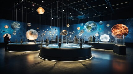 Explore the wonders of a simulated space exploration exhibit, with a stunning 3D rendering of planets, moons, and celestial bodies in our solar system. - obrazy, fototapety, plakaty