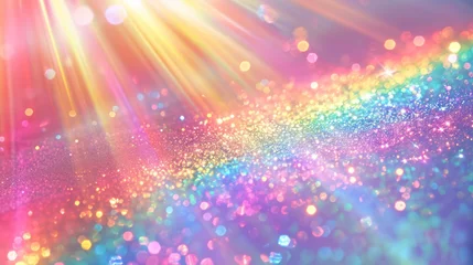 Schilderijen op glas Abstract holographic background with pastel colors,  glitters, designed as a soft template. This seamless and trendy backdrop features a colorful wave rainbow © Matthew
