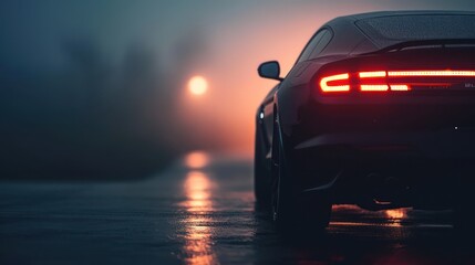 Rear view of a modern and luxurious black sports car - obrazy, fototapety, plakaty