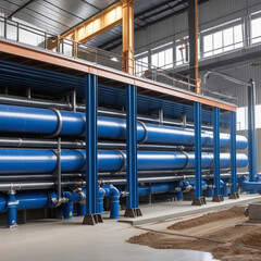 Intertwined water pipes, natural gas pipelines made of steel pipes, oil field construction concept drawings

