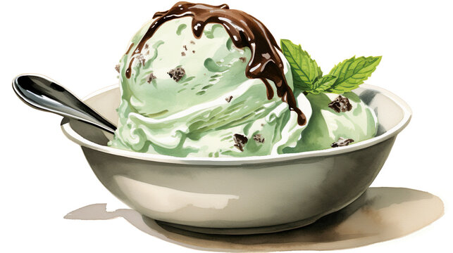 お皿に盛りつけたチョコミントアイスクリームの水彩イラスト