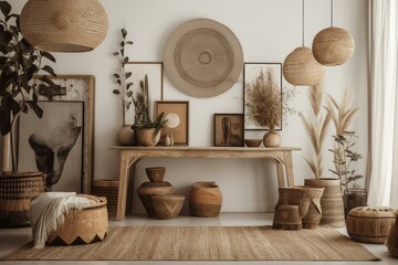 Bohemian living room with a beige interior, framed poster, elegant accessories, dried flowers, wooden console, and hanging rattan hut. Generative AI