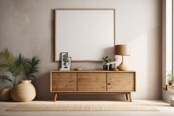 Fototapeta premium Bohemian interior home design of living room with wooden sideboard and blank poster frame mockup
