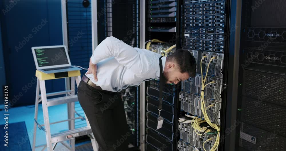 Aufkleber Server room, man and back pain, health problem and technician by database computer. Stress, data center and programmer with backache fibromyalgia, muscle inflammation and sick with spine injury