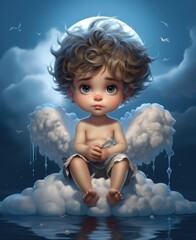 Obraz na płótnie Canvas Curly-haired angel sitting on cloud