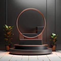 modern luxury Round modern sleek copper and black  podium or multi platform with black product display studio scene Empty For Product Display