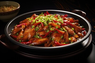 Chinese national dish, sweet and sour chicken in clay pot.