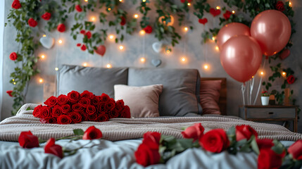 Bedroom in romantic valentine's mood decoration with roses flowers 
