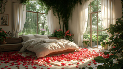 Bedroom in romantic valentine's mood decoration with roses flowers 