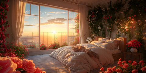 Morning Glow in a Luxurious Bedroom with Contemporary Interior Design valentine's theme romantic happy bedroom