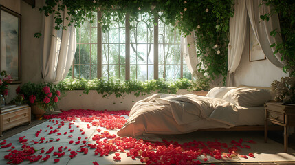 Cozy Bedroom Interior with Comfortable Bed, Pillows, and Elegant Decor, romantic valentine's mood