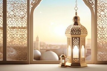 Eid mubarak and ramadan kareem greetings with islamic lantern and mosque. Eid al fitr background