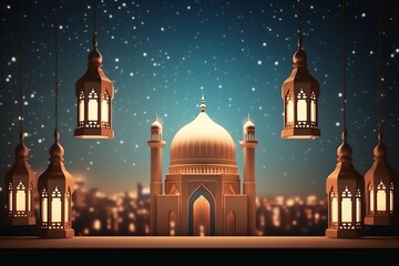 Obraz premium Eid mubarak and ramadan kareem greetings with islamic lantern and mosque. Eid al fitr background