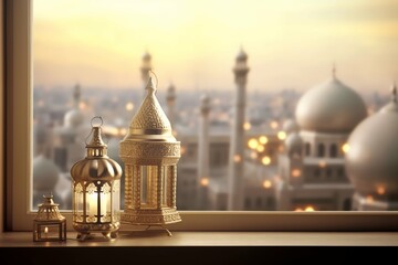 Naklejka premium Eid mubarak and ramadan kareem greetings with islamic lantern and mosque. Eid al fitr background