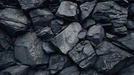 close-up of a dark, jagged shale rock texture with sharp edges and layers, perfect for detailed geology backgrounds or textural contrast in design - obrazy, fototapety, plakaty