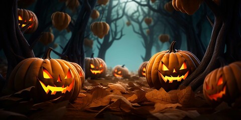 Design a cartoon of Halloween pumpkins and pumpkin leaves Subtle Volumetric Lighting picture Background is white