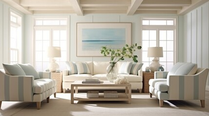 Naklejka na ściany i meble Interior of coastal living room with a view 