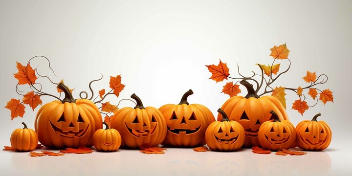 Design a cartoon of Halloween pumpkins and pumpkin leaves Subtle Volumetric Lighting picture Background is white