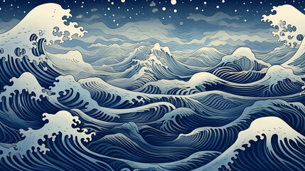 A Japanese ukiyo-e style digital illustration, where waves and mountains blend in harmonious