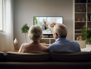 Senior couple sitting in the couch watching tv together at home - obrazy, fototapety, plakaty