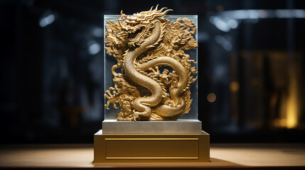 3d blank podium decoration with dragon. happy chinese new year concept. Luxury podium for your product. Generative AI.
