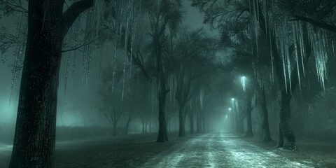 Misty Forest Path with Streetlights at Night