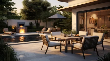Fotobehang Cozy patio area with garden furniture, swimming pool and outdoor fireplace. copy space for text. © Naknakhone