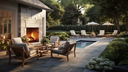 Fototapeta premium Cozy patio area with garden furniture, swimming pool and outdoor fireplace. copy space for text.