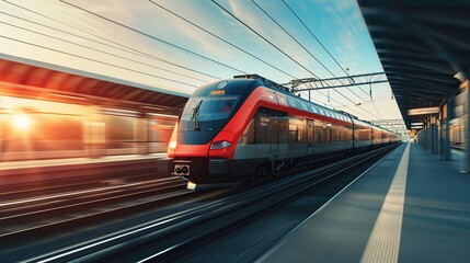 Naklejka premium Electric passenger train drives at high speed among urban landscape. Beautiful train concept. copy space for text.