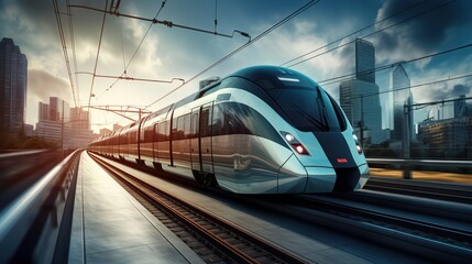 Naklejka premium Electric passenger train drives at high speed among urban landscape. Beautiful train concept. copy space for text.