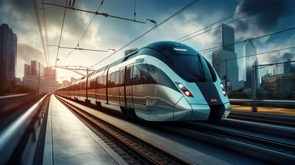 Foto op Canvas Electric passenger train drives at high speed among urban landscape. Beautiful train concept. copy space for text. © Naknakhone