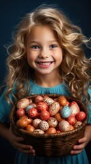 studio shot of cute little girl holding basket with easter eggs on dark background .