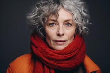 Portrait of beautiful senior woman with curly hair and red scarf.