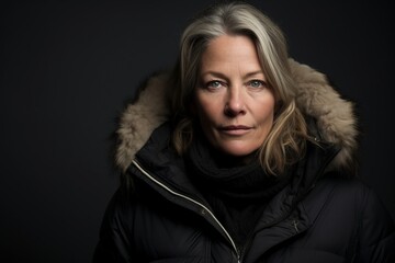 Portrait of a senior woman in winter jacket over dark background.