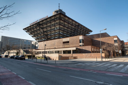 Bratislava, Slovakia - January, 20, 2024 : The Slovak Radio Building (Budova Slovenskeho rozhlasu) shaped like an upside down pyramid. Bratislava. Slovakia.