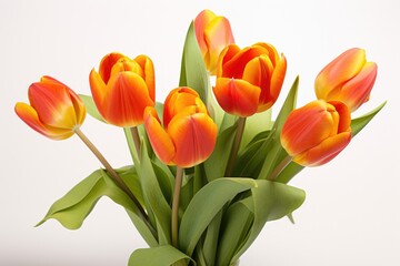 Fototapeta premium A simple composition with bright tulips on a white background, highlighting their beauty and freshness