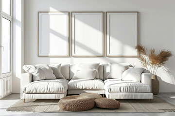 White living room interior with two vertical posters on the wall. 3d rendering