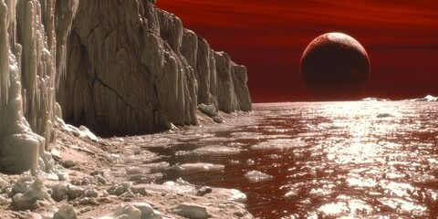 Futuristic Red Landscape with Ice Formations and Celestial Body