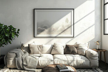 Living room interior with white sofa and poster frame, 3d rendering