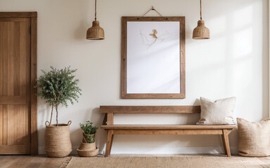Barn wood bench adorned with linen pillows against a wall with an empty mock-up blank poster frame, showcasing the farmhouse and boho interior design of a modern entrance hall.